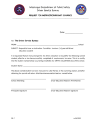 Document preview: Form DE-7 Request for Instruction Permit Issuance - Mississippi