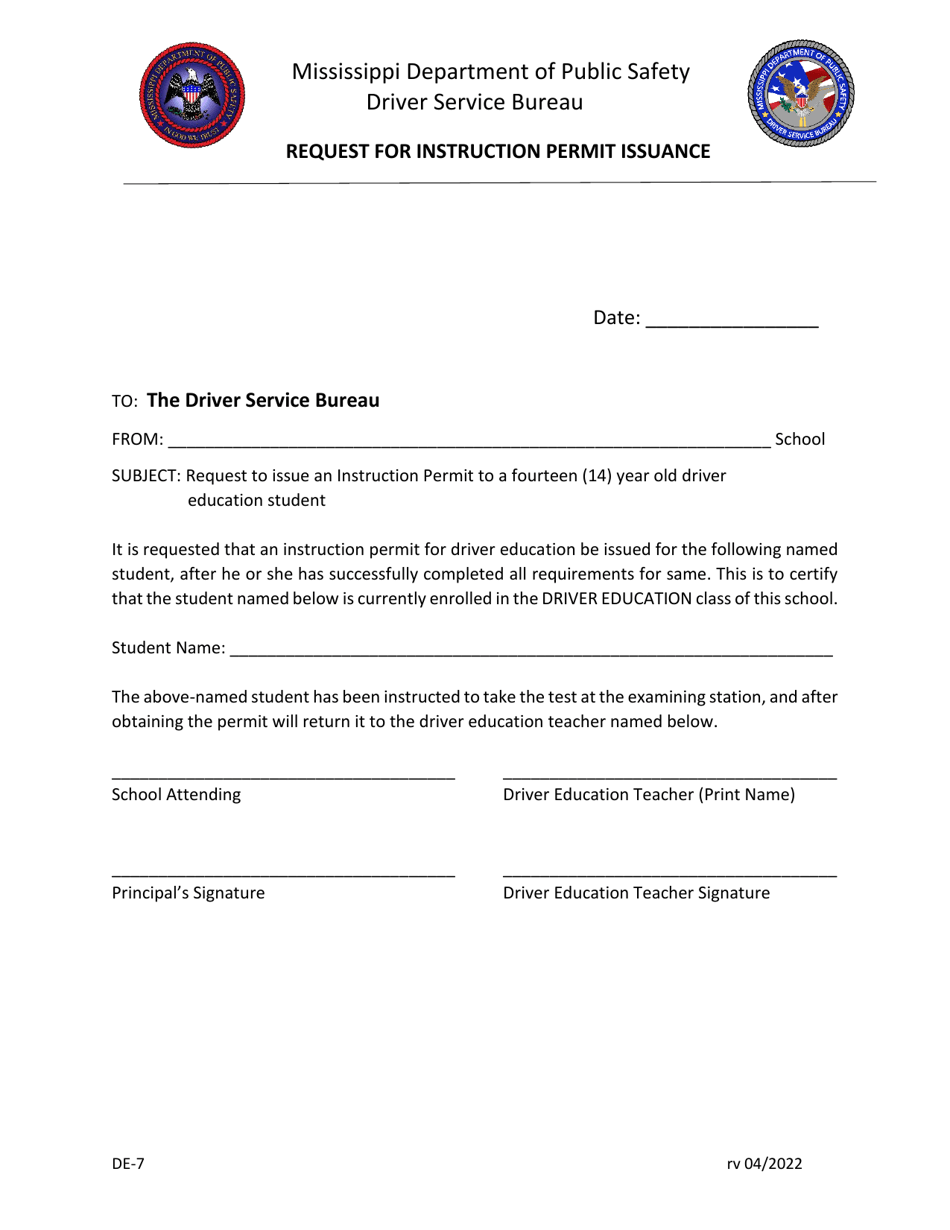 Form DE-7 Request for Instruction Permit Issuance - Mississippi, Page 1
