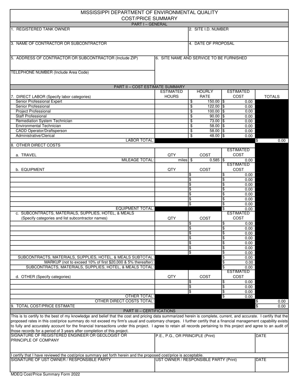 Cost / Price Summary - Mississippi, Page 1