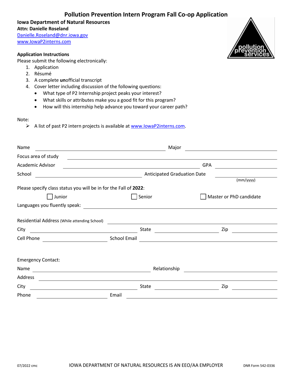 DNR Form 542-0336 Pollution Prevention Intern Program Fall Co-op Application - Iowa, Page 1