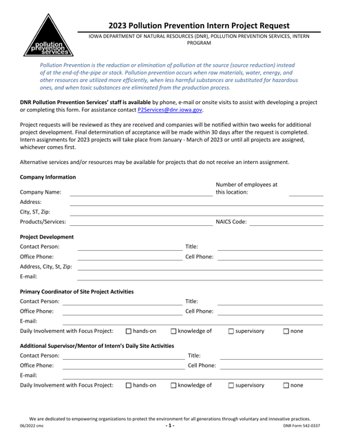 DNR Form 542-0337 Pollution Prevention Intern Project Request - Iowa, 2023