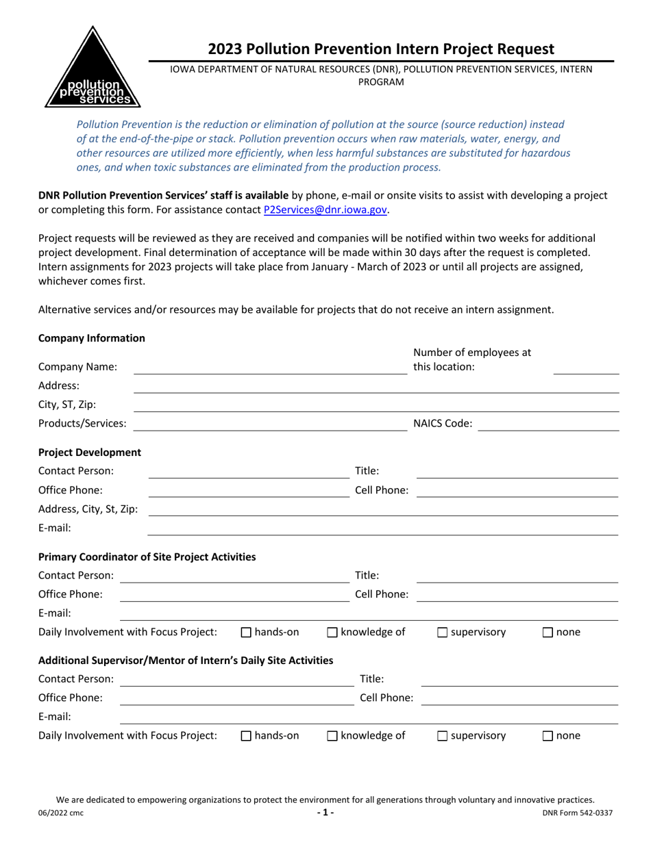 DNR Form 542-0337 Pollution Prevention Intern Project Request - Iowa, Page 1