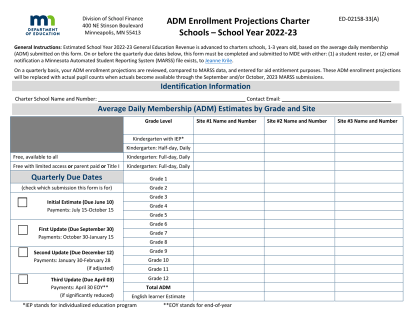 Form ED-02158-33(A) Adm Enrollment Projections Charter Schools - Minnesota, 2023