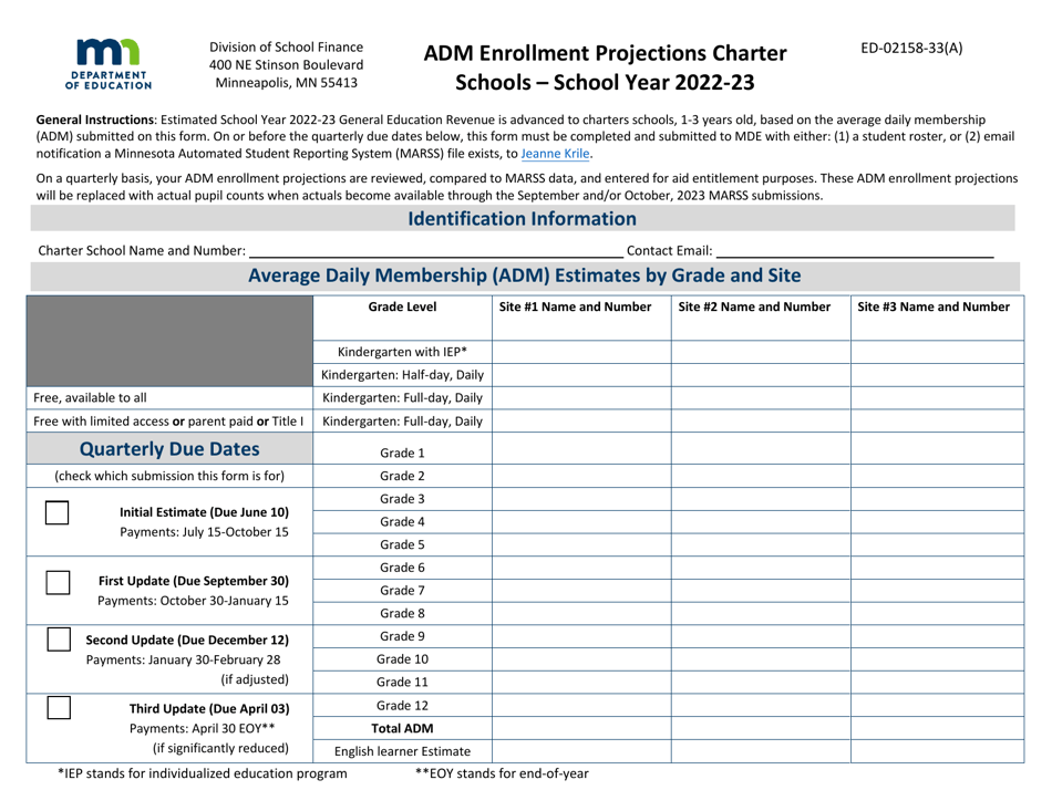 Form ED-02158-33(A) Adm Enrollment Projections Charter Schools - Minnesota, Page 1