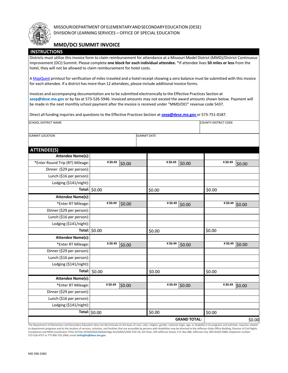 Form MO500-3383 Mmd / Dci Summit Invoice - Missouri, Page 1