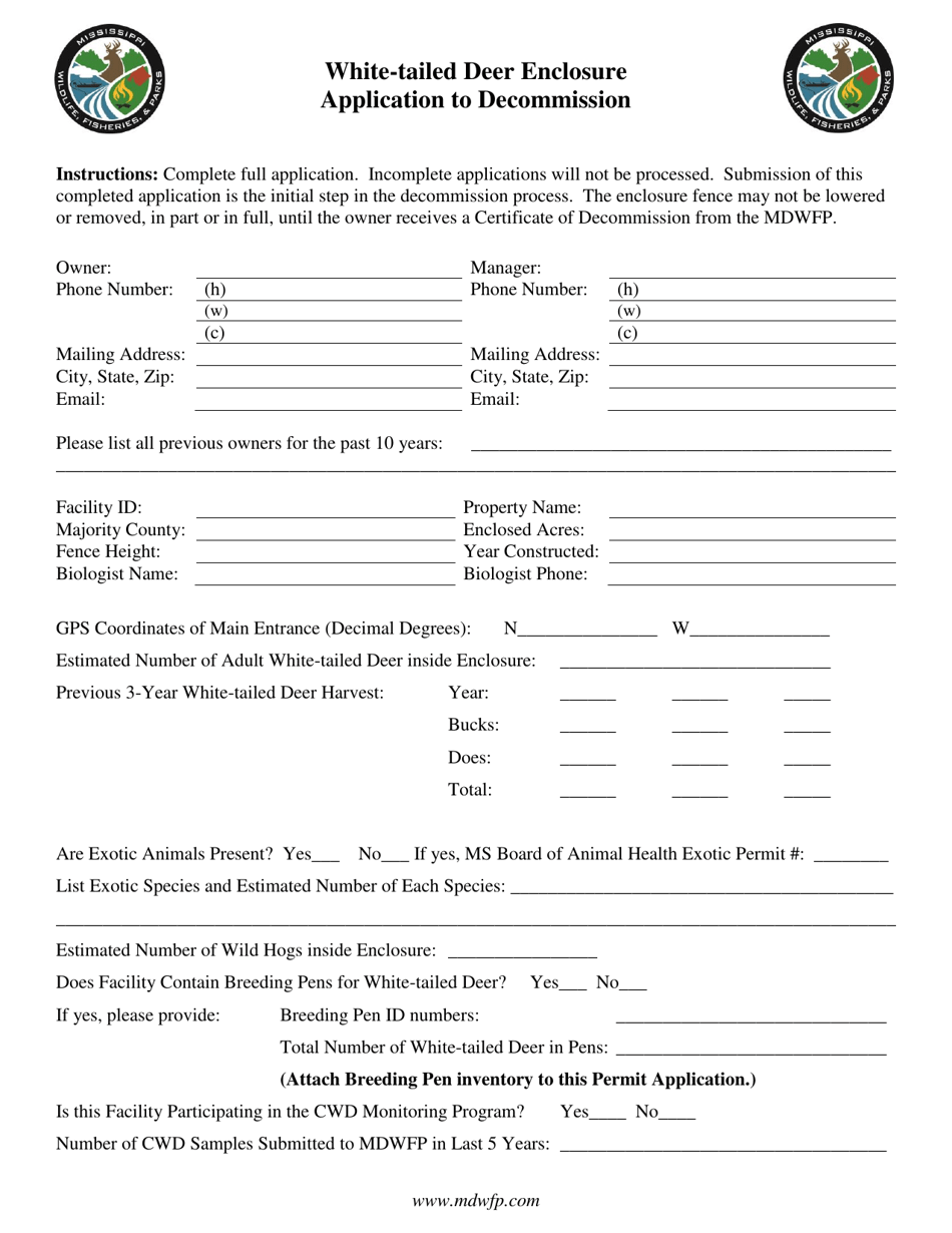 White-Tailed Deer Enclosure Application to Decommission - Mississippi, Page 1