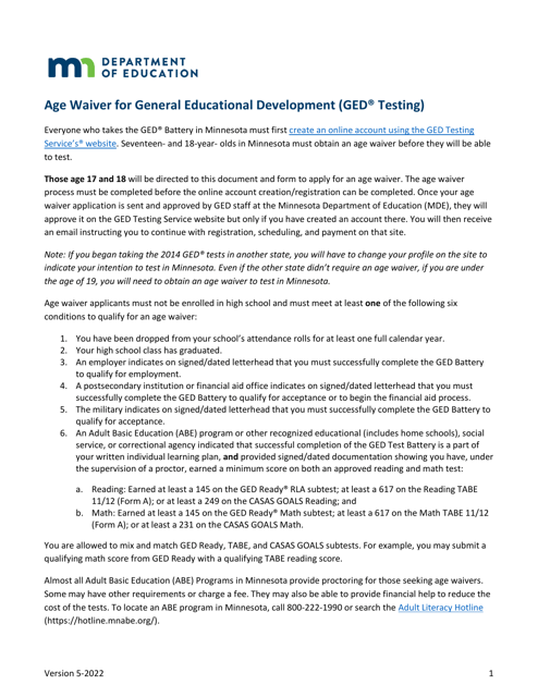 Form ED-00833-12 General Educational Development Tests Age Waiver Application - Minnesota