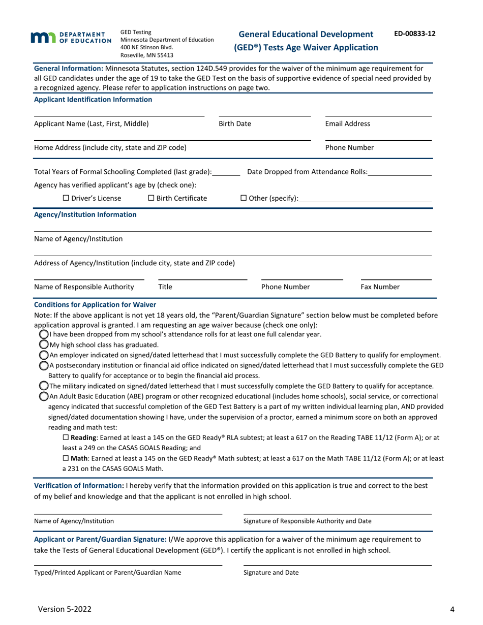 Form ED-00833-12 General Educational Development Tests Age Waiver Application - Minnesota, Page 4