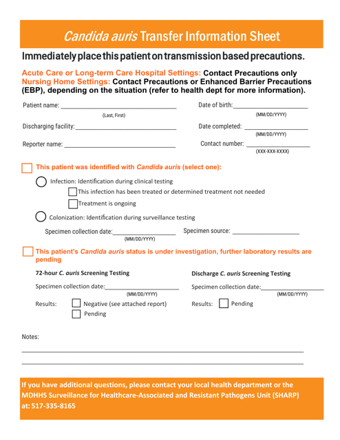 Candida Auris Transfer Information Sheet - Michigan Download Pdf