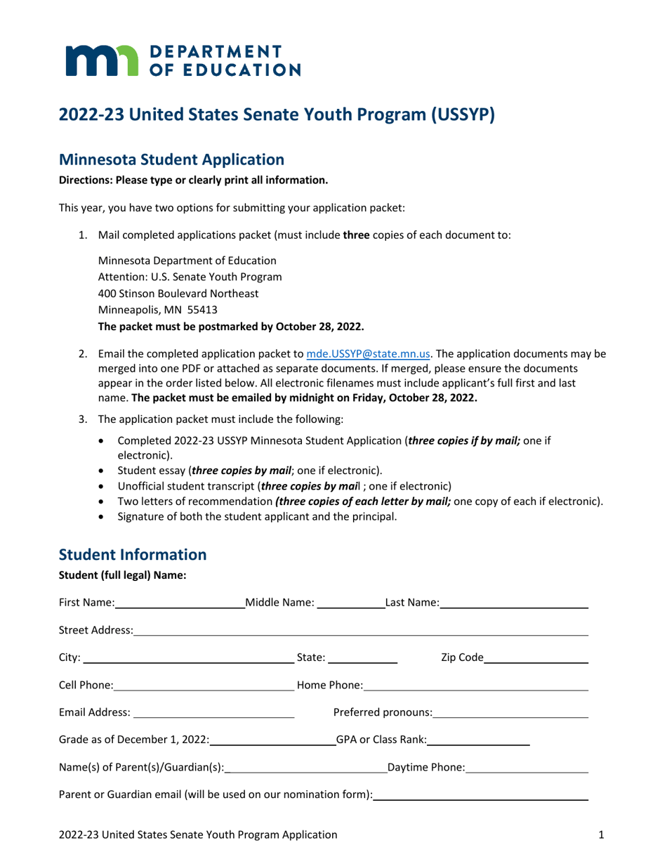 United States Senate Youth Program (Ussyp) Application - Minnesota, Page 1
