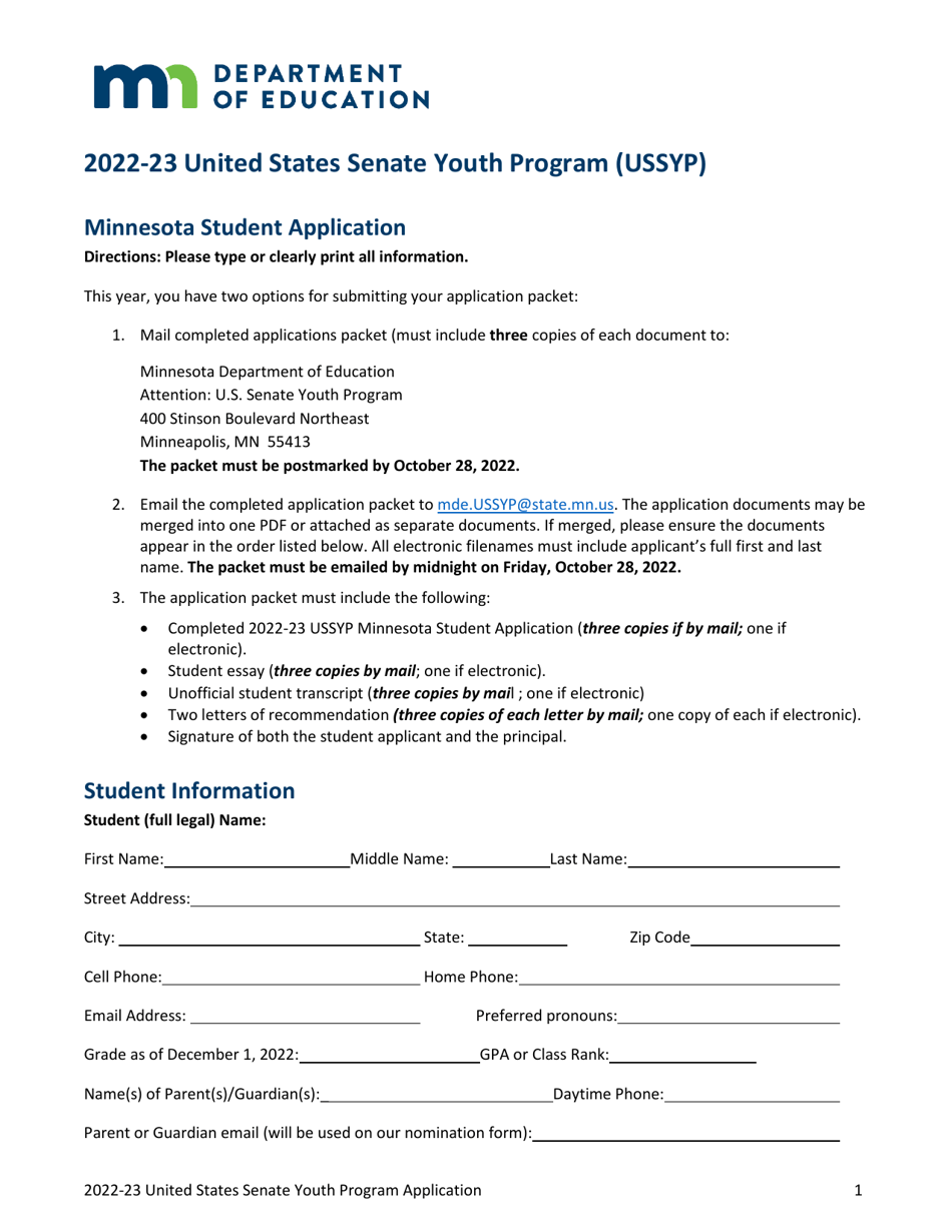 2023 Minnesota United States Senate Youth Program (Ussyp) Application