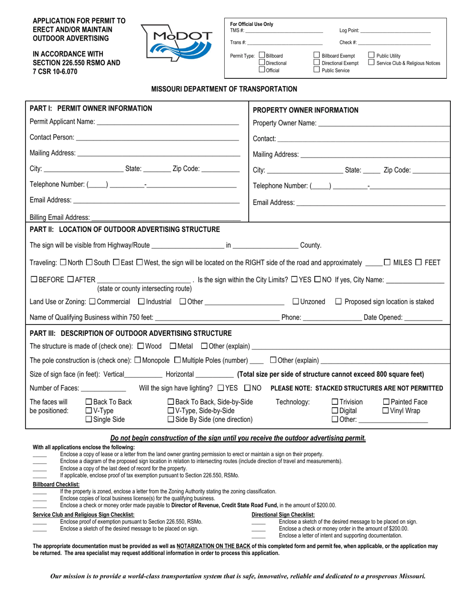 Application for Permit to Erect and / or Maintain Outdoor Advertising - Missouri, Page 1
