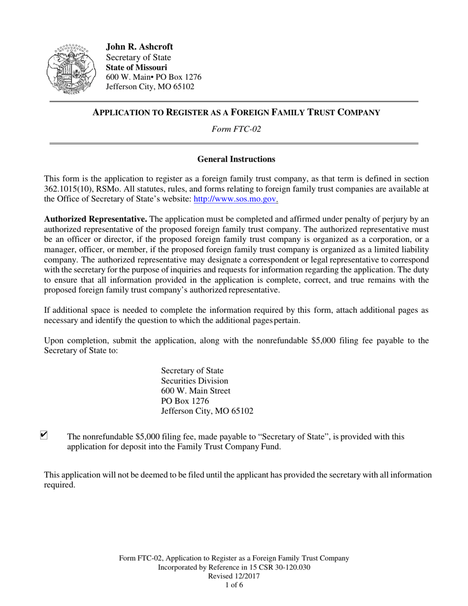 Form FTC-02 Application to Register as a Foreign Family Trust Company - Missouri, Page 1