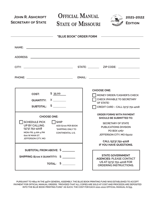 Blue Book Order Form - Missouri, 2022
