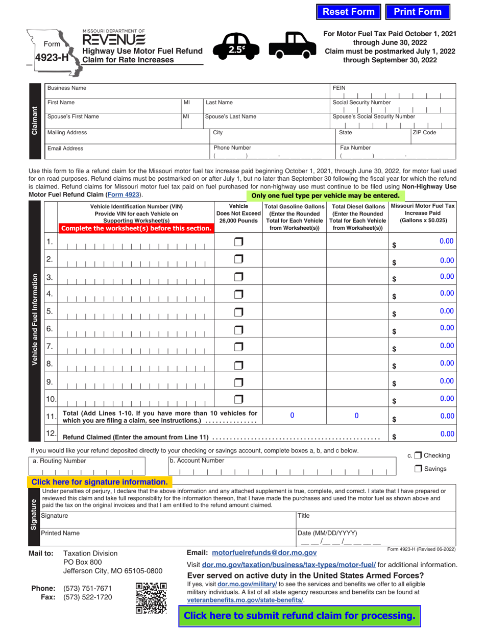 Form 4923-H Highway Use Motor Fuel Refund Claim for Rate Increases - Missouri, Page 1
