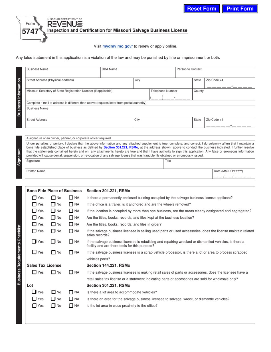 Form 5747 Inspection and Certification for Missouri Salvage Business License - Missouri, Page 1