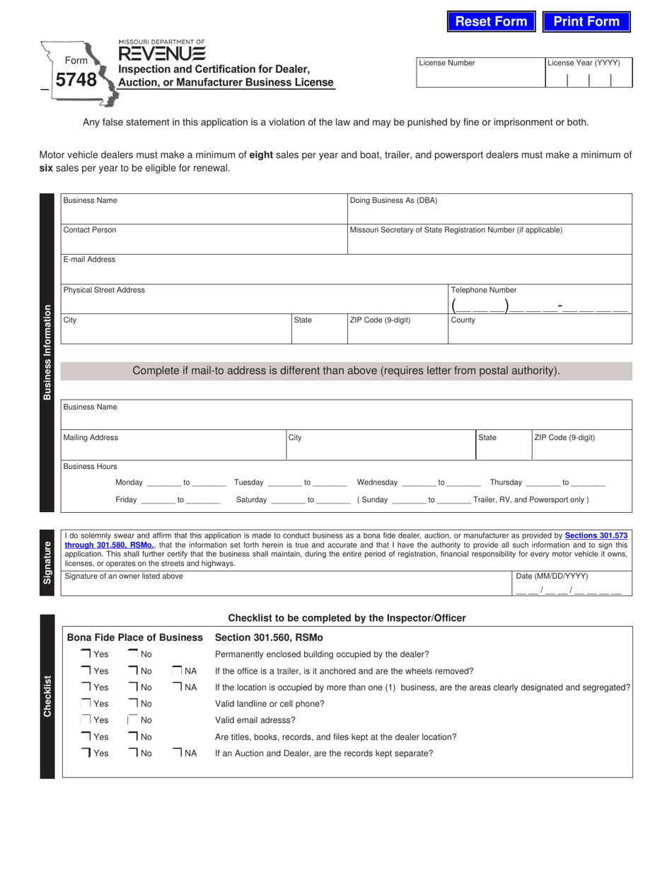 Form 5748 Inspection and Certification for Dealer, Auction, or Manufacturer Business License - Missouri, Page 1