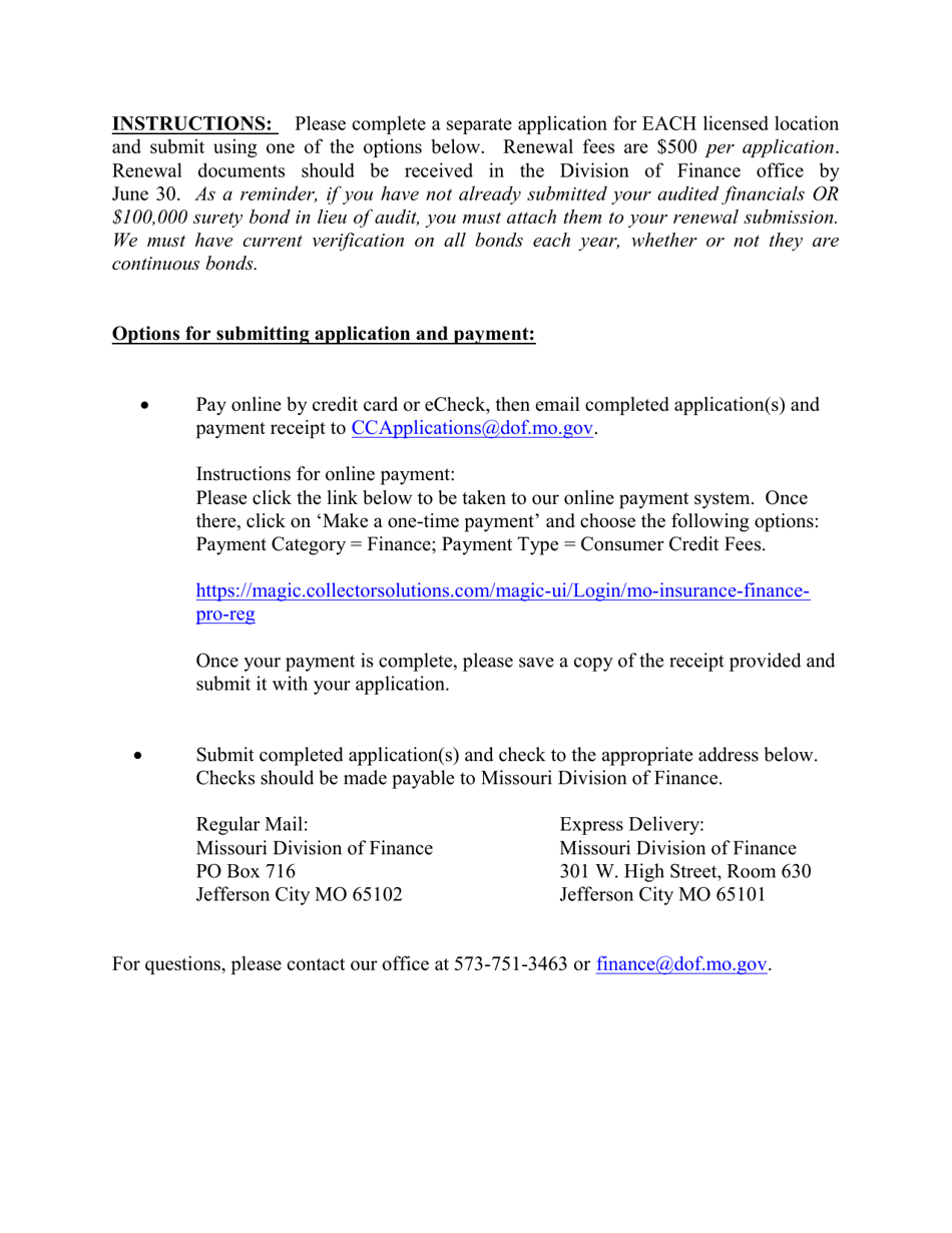 Missouri Renewal Application For Consumer Installment Lender Certificate Of Registration Fill missouri-renewal-application-for-consumer-installment-lender-certificate-of-registration-fill