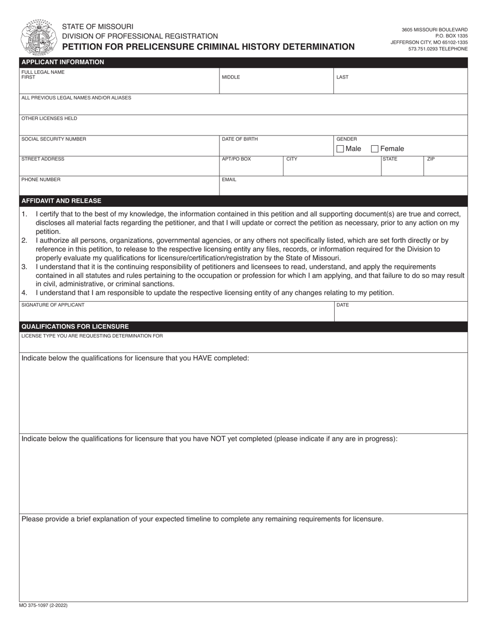 Form MO375-1097 Petition for Prelicensure Criminal History Determination - Missouri, Page 1