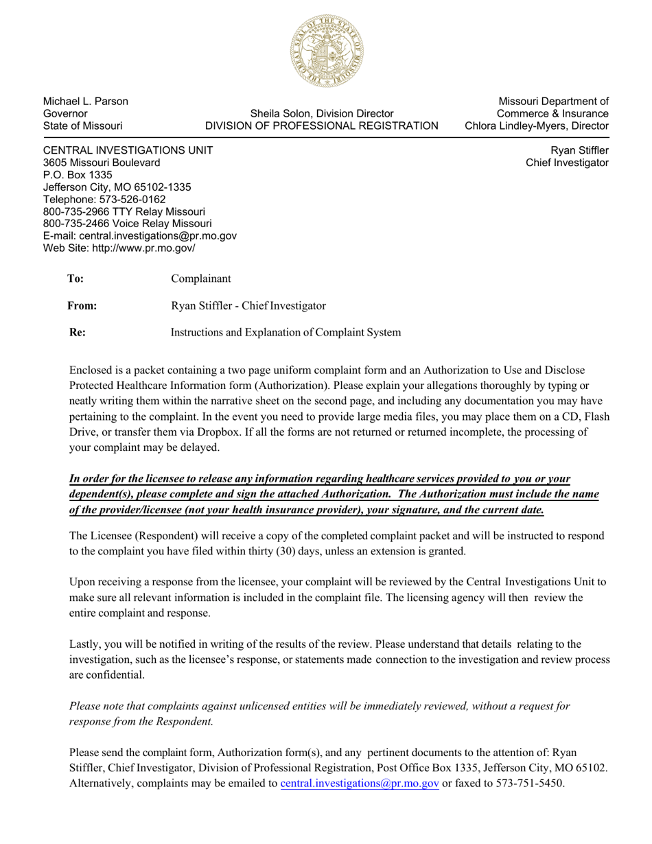 Form MO375-0195 Uniform Complaint (With HIPAA Authorization) - Missouri, Page 1