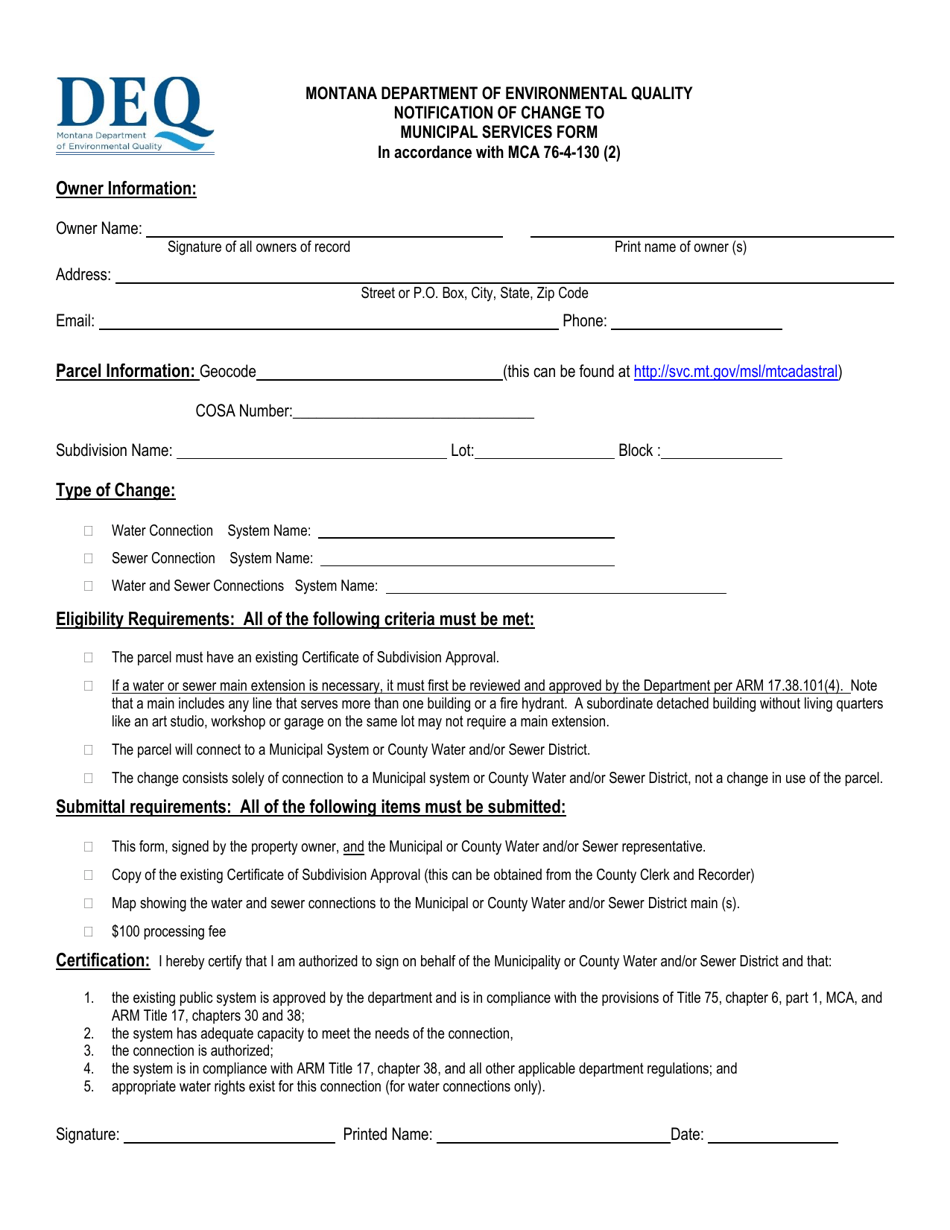 Notification of Change to Municipal Services Form - Montana, Page 1