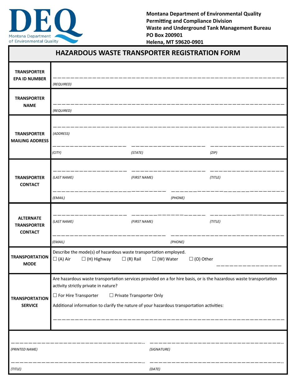 Hazardous Waste Transporter Registration Form - Montana, Page 1