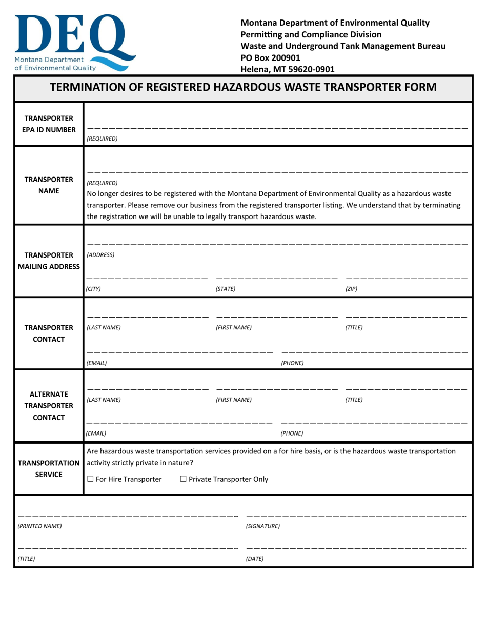 Termination of Registered Hazardous Waste Transporter Form - Montana, Page 1