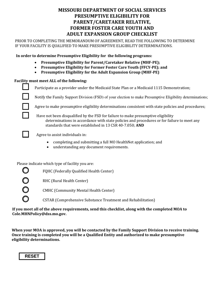 Presumptive Eligibility for Parent / Caretaker Relative, Former Foster Care Youth and Adult Expansion Group Checklist - Missouri, Page 1