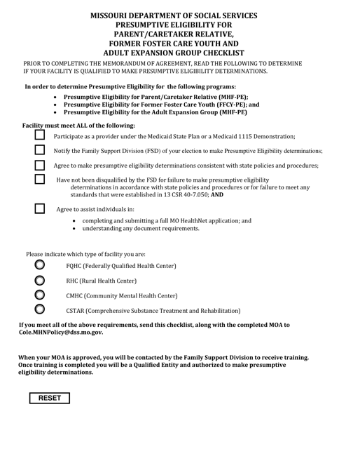 Presumptive Eligibility for Parent/Caretaker Relative, Former Foster Care Youth and Adult Expansion Group Checklist - Missouri