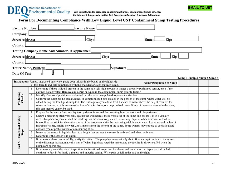 Form for Documenting Compliance With Low Liquid Level Ust Containment Sump Testing Procedures - Montana, Page 1