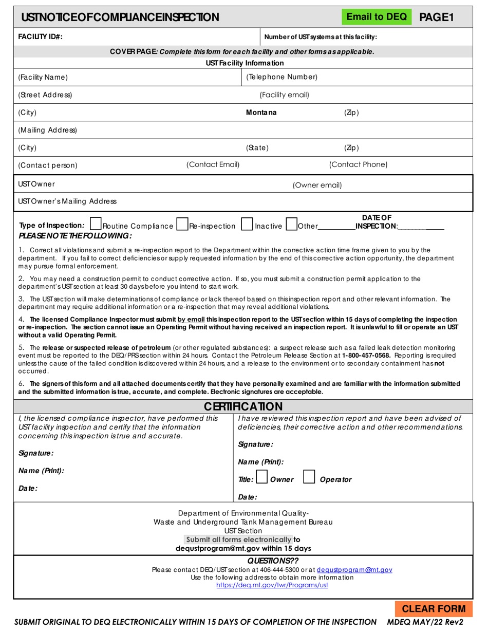 Ust Compliance Inspection Form for up to 5 Tanks - Montana, Page 1
