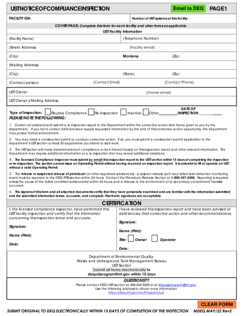 Ust Compliance Inspection Form for up to 5 Tanks - Montana Download Pdf