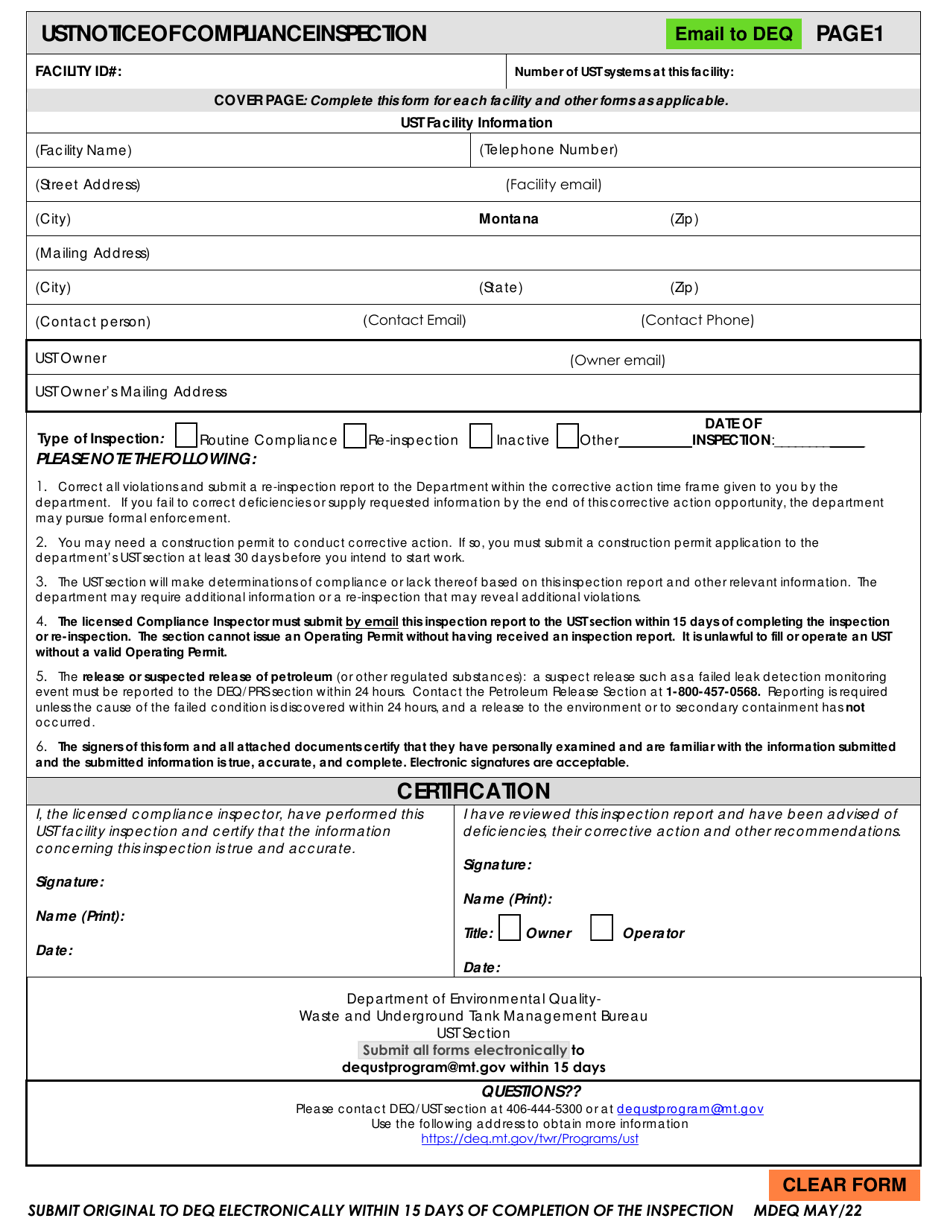 Ust Compliance Inspection Form for up to 10 Tanks - Montana, Page 1