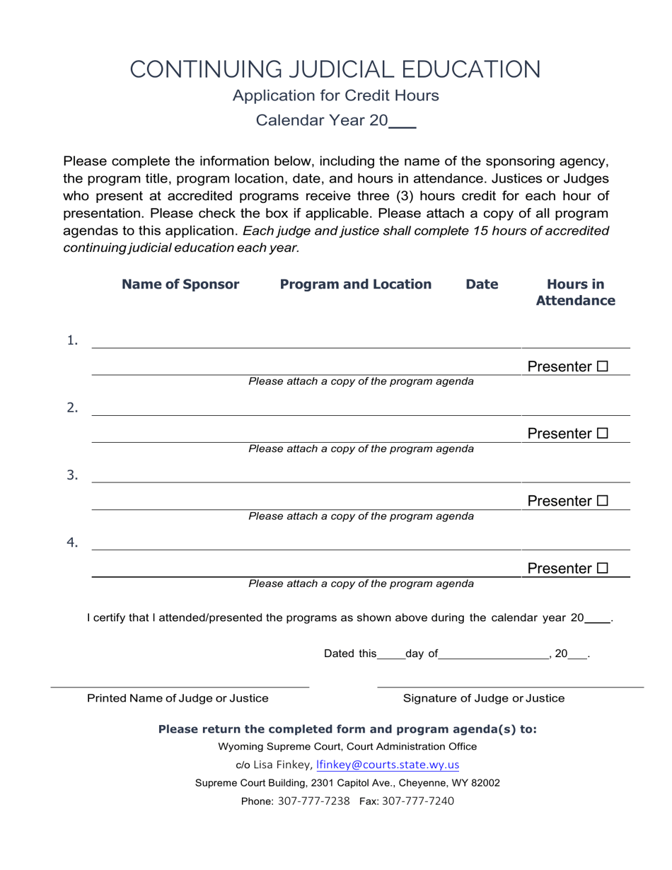 Application for Credit Hours - Continuing Judicial Education - Wyoming, Page 1