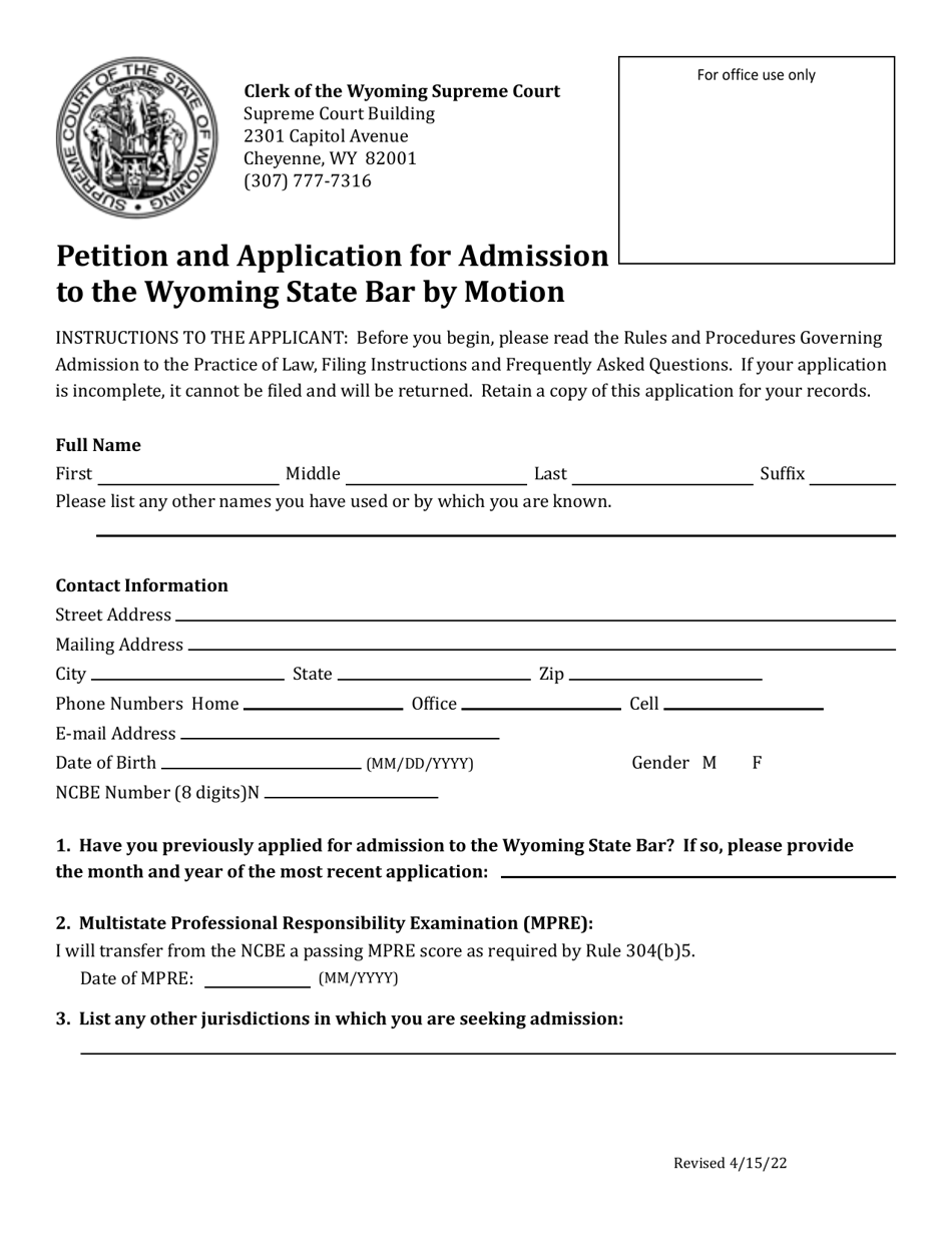 Petition and Application for Admission to the Wyoming State Bar by Motion - Wyoming, Page 1