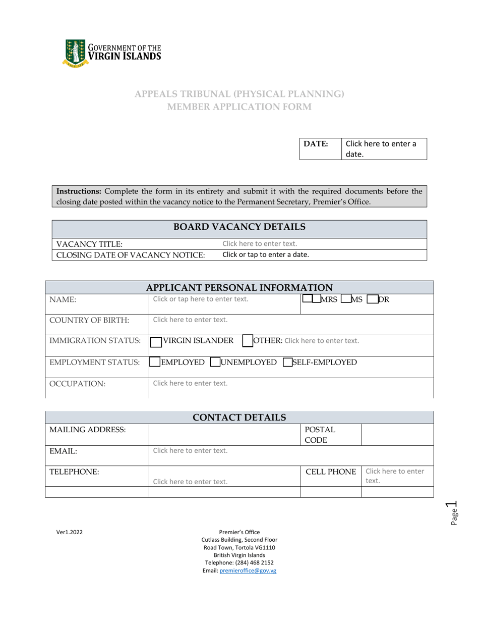 Appeals Tribunal (Physical Planning) Member Application Form - British Virgin Islands, Page 1