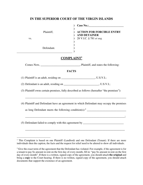 Forcible Entry and Detainer Complaint - Virgin Islands Download Pdf