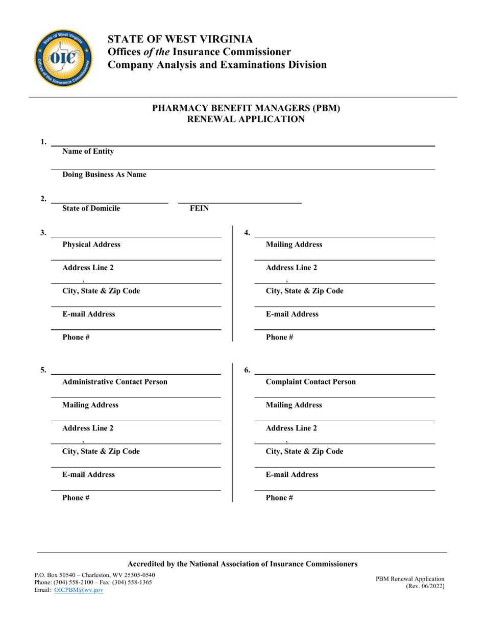 Pharmacy Benefit Managers (Pbm) Renewal Application - West Virginia, Page 1