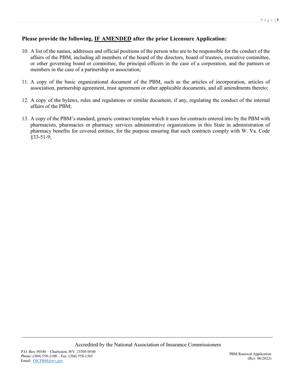 Pharmacy Benefit Managers (Pbm) Renewal Application - West Virginia, Page 3