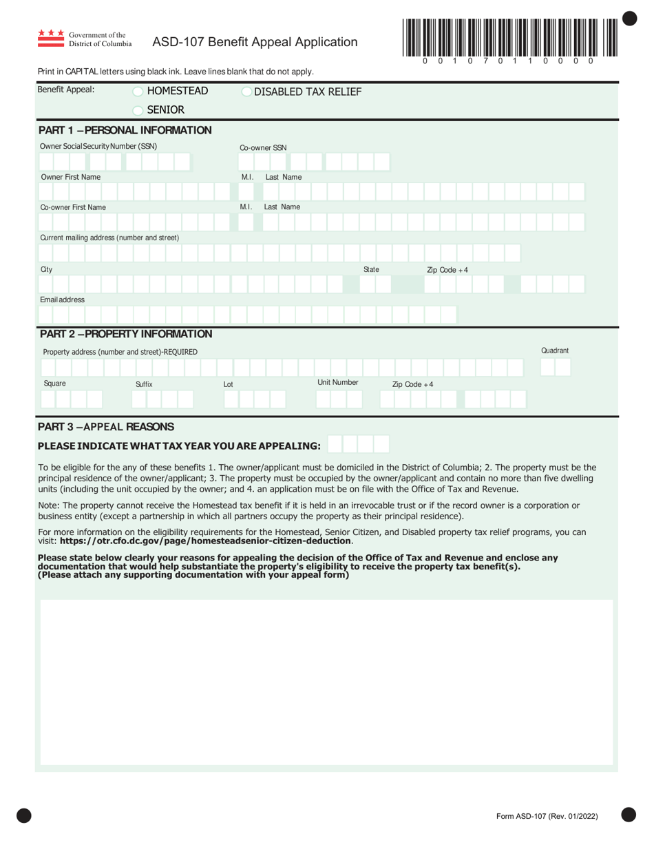 Form ASD-107 Benefit Appeal Application - Washington, D.C., Page 1