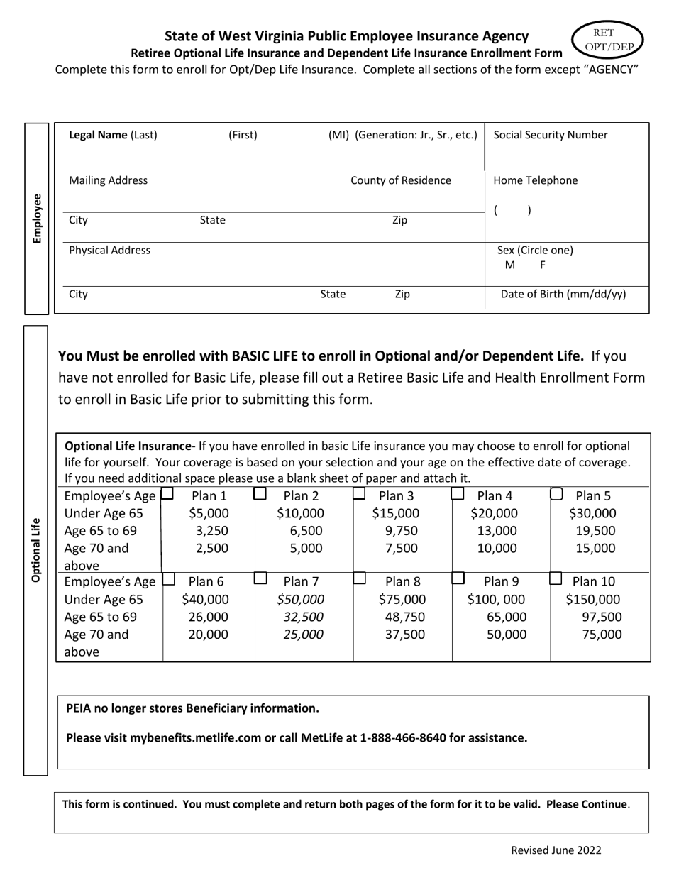 Retiree Optional Life Insurance and Dependent Life Insurance Enrollment Form - West Virginia, Page 1