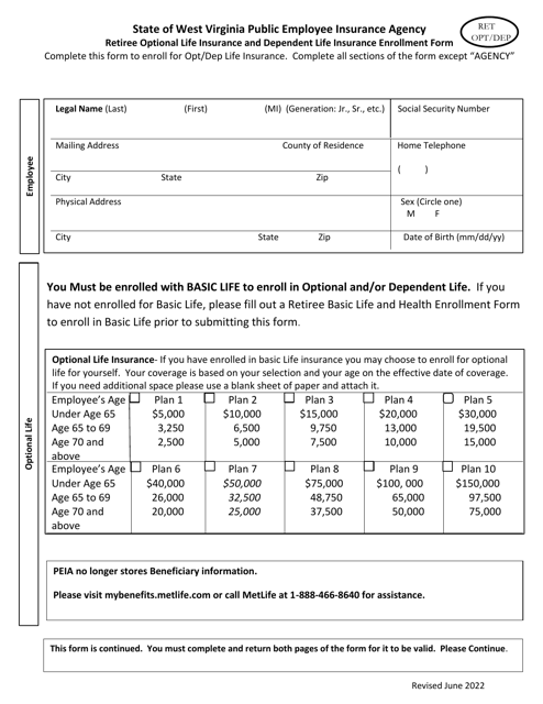 Retiree Optional Life Insurance and Dependent Life Insurance Enrollment Form - West Virginia Download Pdf