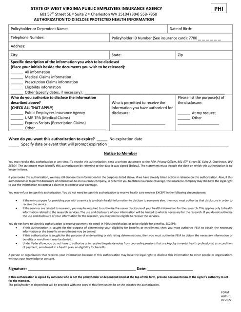 Form AUTH1 Authorization to Disclose Protected Health Information - West Virginia