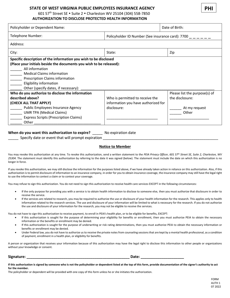 Form AUTH1 Authorization to Disclose Protected Health Information - West Virginia, Page 1