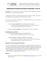 Document preview: Form B Independent Professional Evidence Reporting Form - Vermont