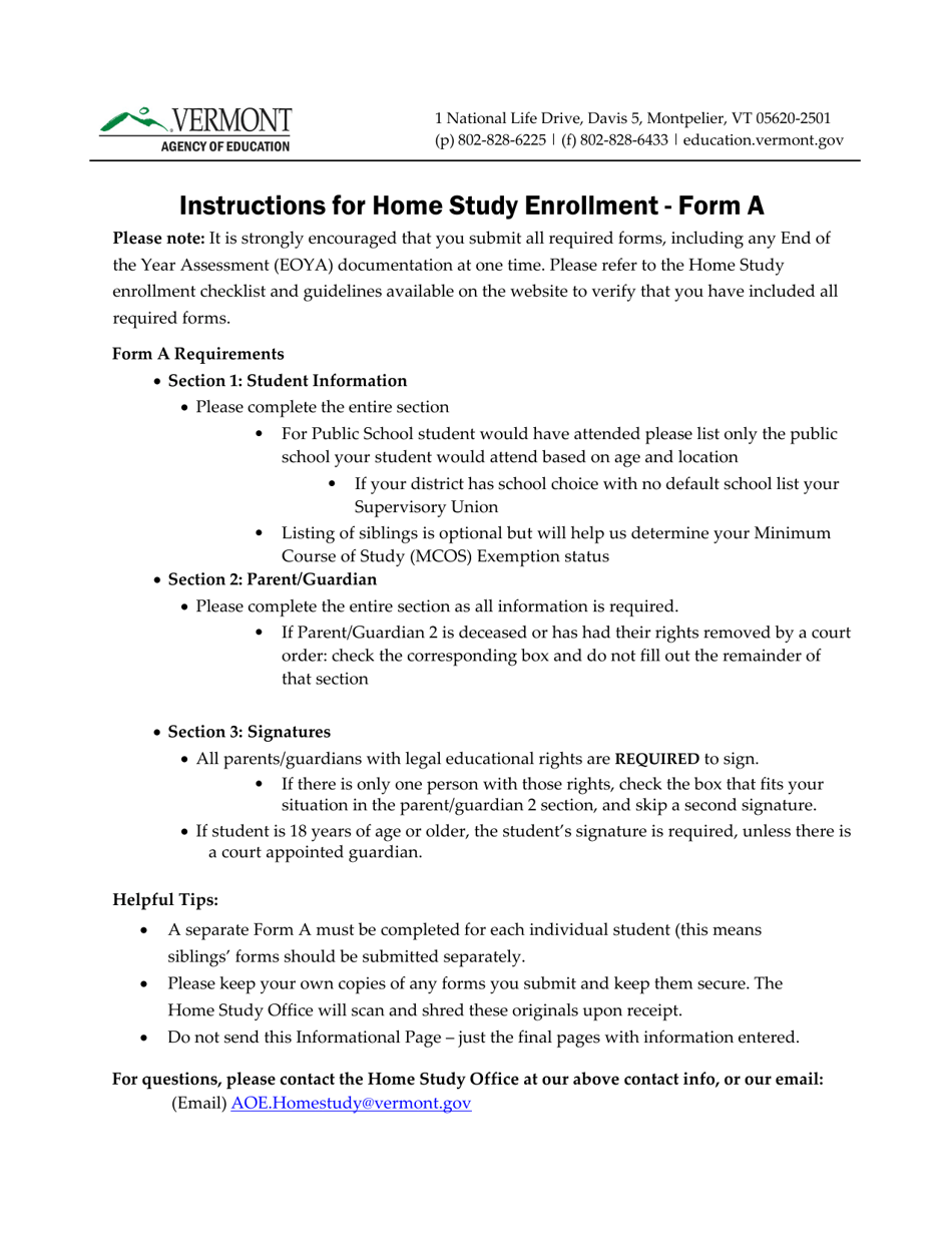 Form A Home Study Enrollment Form - Vermont, Page 1
