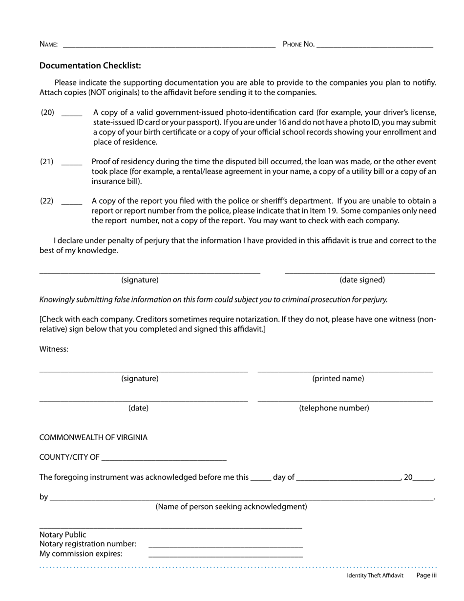Id Theft Affidavit - Virginia, Page 3