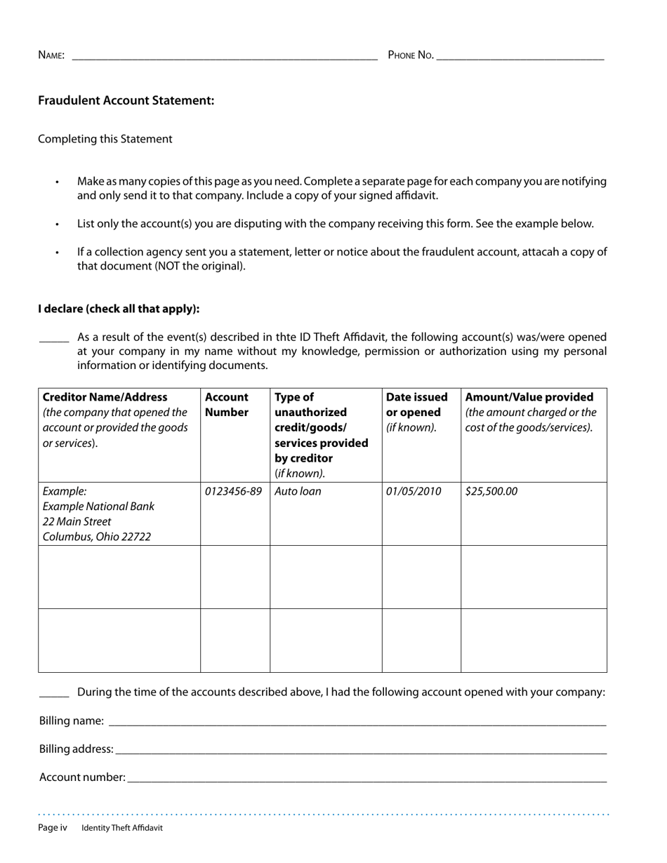 Id Theft Affidavit - Virginia, Page 4