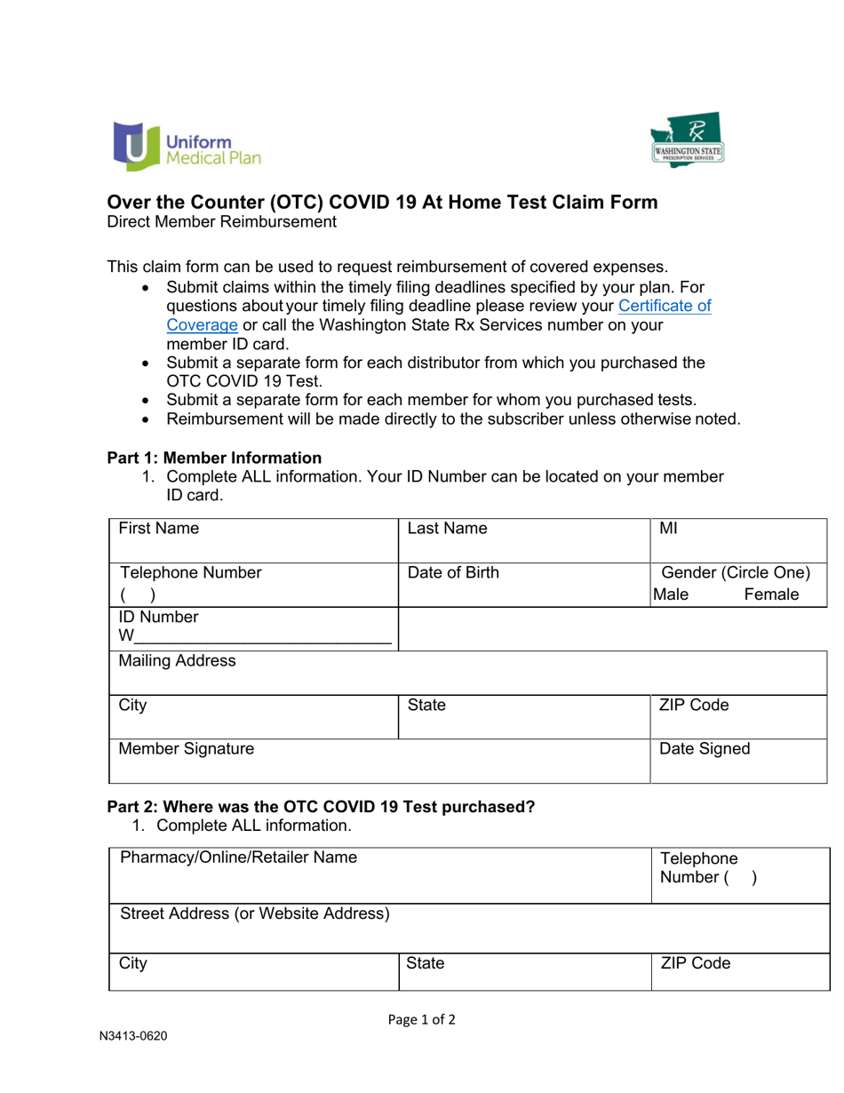 Form N3413-0620 Over the Counter (OTC) Covid 19 at Home Test Claim Form - Washington, Page 1