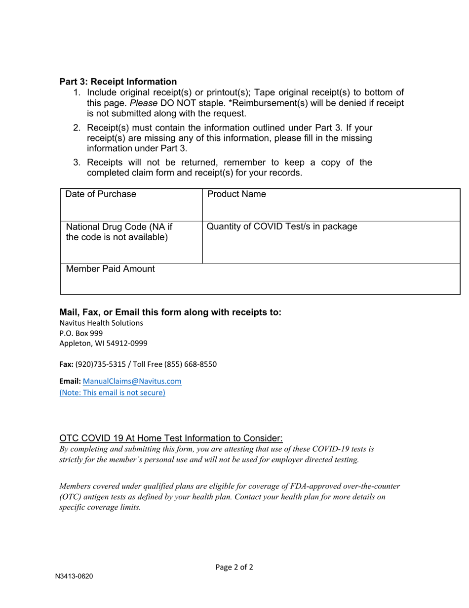 Form N3413-0620 Over the Counter (OTC) Covid 19 at Home Test Claim Form - Washington, Page 2